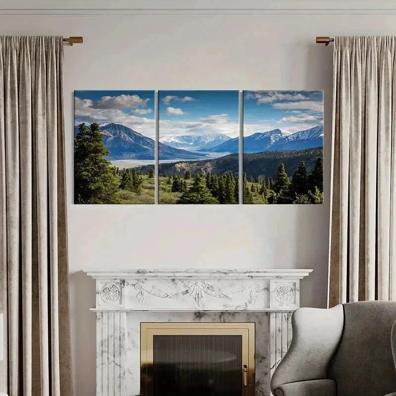 3pcs Mountains Trees and Blue Sky with Clouds Wall Art Set Canvas Framed 50x70cm - High Quality Print 100% Australian Made Wall Canvas Ready to Hang - Bella Home Decor