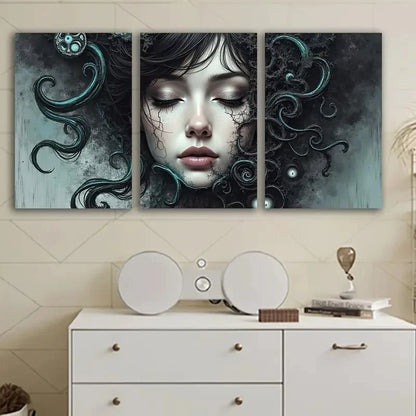 3pcs Long Woman Portrait With Teal Hair Wall Art Set Canvas Framed 60x90cm - High Quality Print 100% Australian Made Wall Canvas Ready to Hang