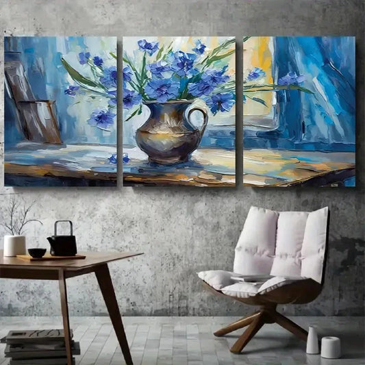 3pcs Elegant Cornflower Blue Floral Vase Wall Art Set Canvas Framed 60x90cm - High Quality Print 100% Australian Made Wall Canvas Ready to Hang