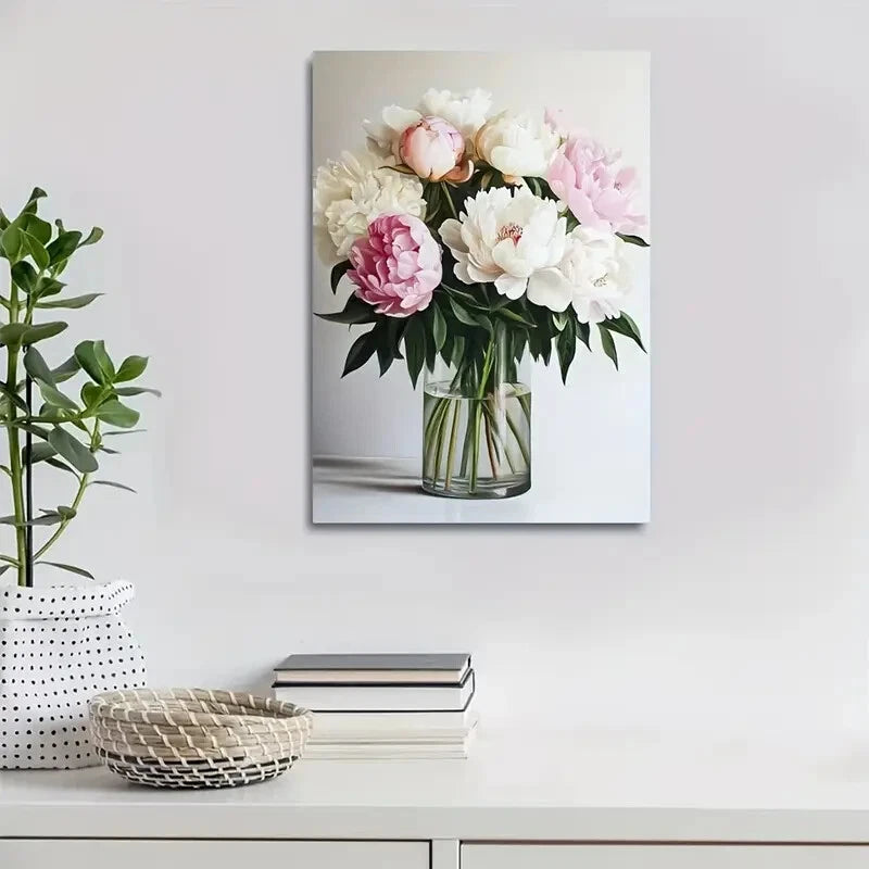 Elegant Pink & White Peonies Bouquet in Glass Vase 40x60cm Metal Print Ready to Hang - Bella Home Decor
