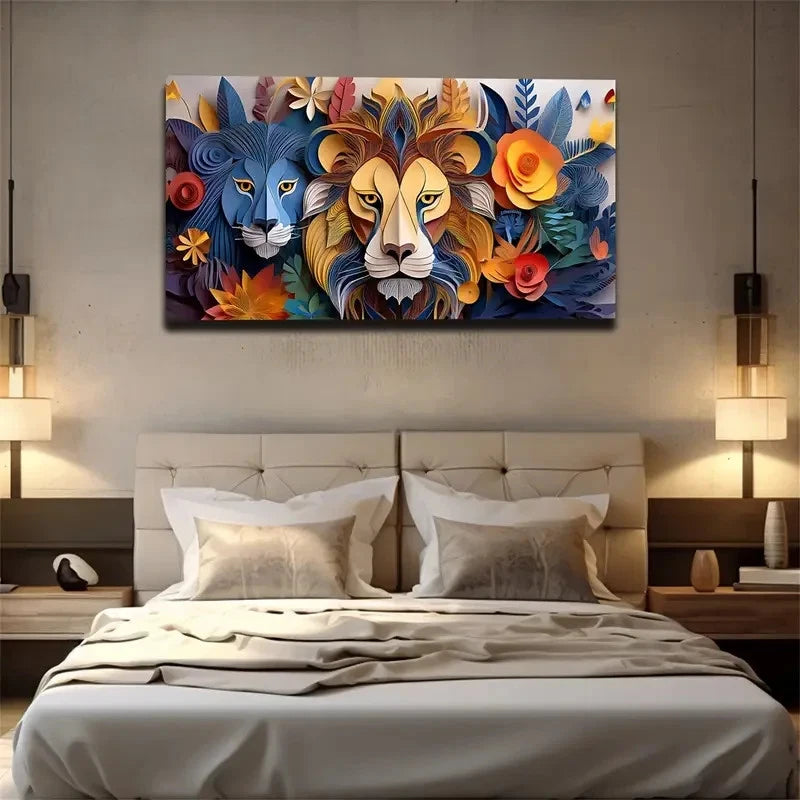 Lions & Floral Bohemian Wall Art Canvas Office Home Room Framed 120x60cm