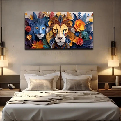 Lions & Floral Bohemian Wall Art Canvas Office Home Room Framed 120x60cm