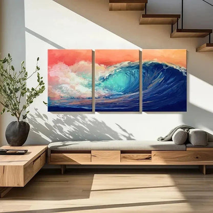 3pcs Ocean Waves Watercolor Aesthetic Wall Art Set Canvas Framed 60x90cm - High Quality Print 100% Australian Made Wall Canvas Ready to Hang - Bella Home Decor