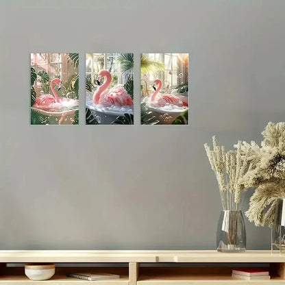 3pcs  Fluffy Pink Flamingo in Bathtub   Wall Art Set Canvas Framed 40x60cm - High Quality Print 100% Australian Made Wall Canvas Ready to Hang - Bella Home Decor