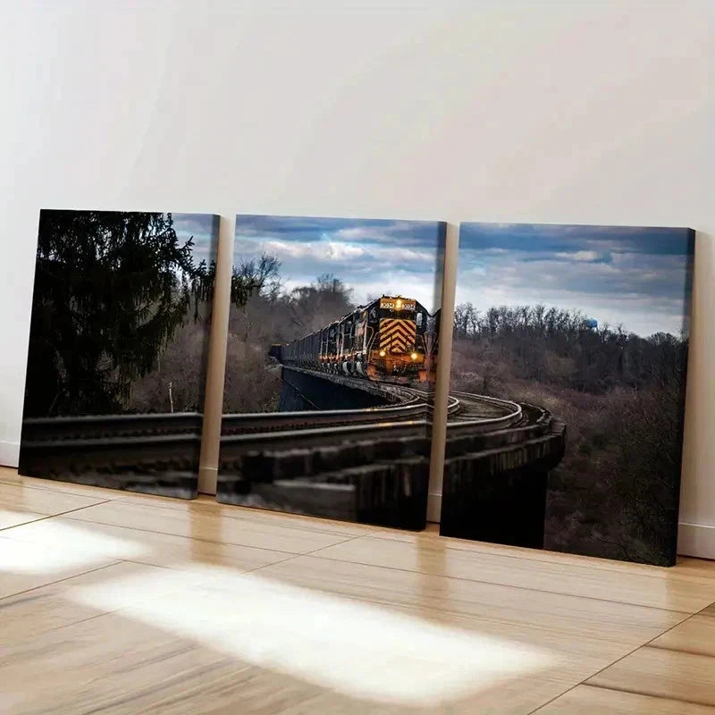 3pcs Steam Train Forest Modern Decor Wall Art Set Canvas Framed 40x60cm - High Quality Print 100% Australian Made Wall Canvas Ready to Hang