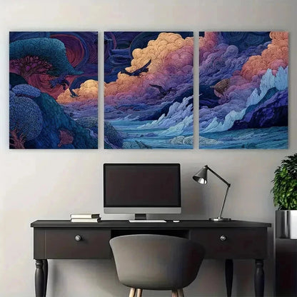 3pcs Seamless Continuous Artwork Dusk Perfect Wall Art Set Canvas Framed 50x70cm - High Quality Print 100% Australian Made Wall Canvas Ready to Hang