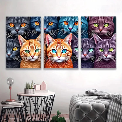 3pcs Vibrant Cat Colorful Feline   Wall Art Set Canvas Framed 50x70cm - High Quality Print 100% Australian Made Wall Canvas Ready to Hang