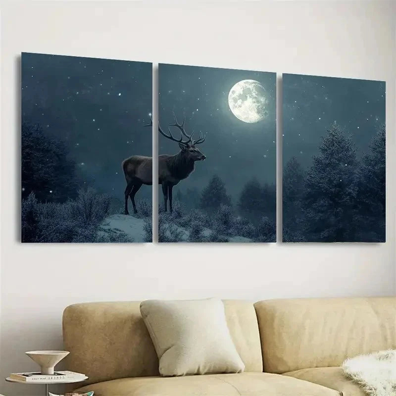 3pcs Serene Winter Forest Scene with Stag Wall Art Set Canvas Framed 50x70cm - High Quality Print 100% Australian Made Wall Canvas Ready to Hang - Bella Home Decor
