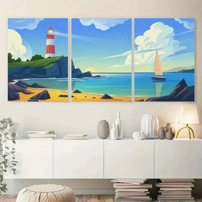 3pcs Lighthouse, Sailboat, Rocky Shore, Clouds Wall Art Set Canvas Framed 50x70cm - High Quality Print 100% Australian Made Wall Canvas Ready to Hang
