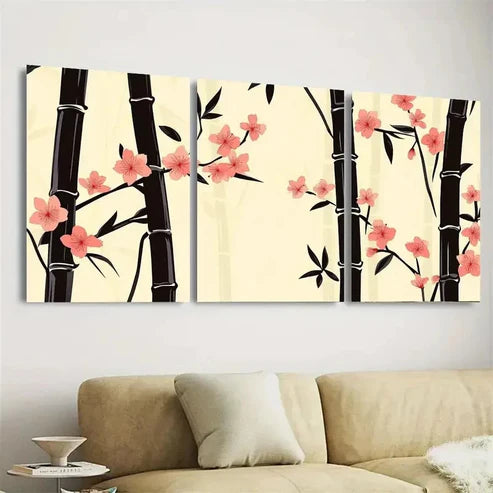 3pcs Serene Bamboo And Cherry Blossoms Wall Art Set Canvas Unframed - High Quality Print 100% Australian Made Wall Canvas - Bella Home Decor