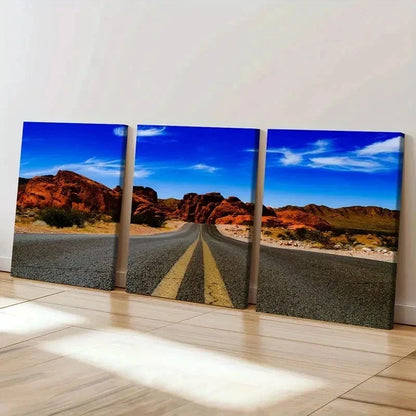 3pcs Road Sky Rocks and Mountain Wall Art Set Canvas Framed 60x90cm - High Quality Print 100% Australian Made Wall Canvas Ready to Hang