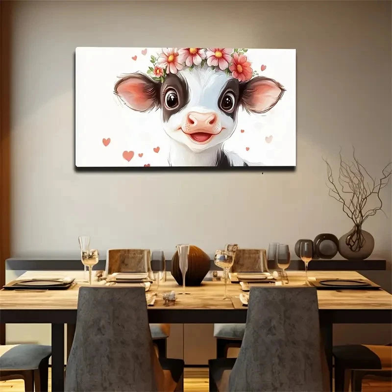 Whimsical Cow Floral Garland Wall Art Canvas Office Home Room Framed 120x60cm