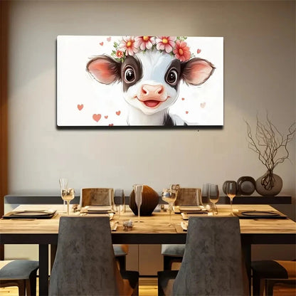 Whimsical Cow Floral Garland Wall Art Canvas Office Home Room Framed 120x60cm