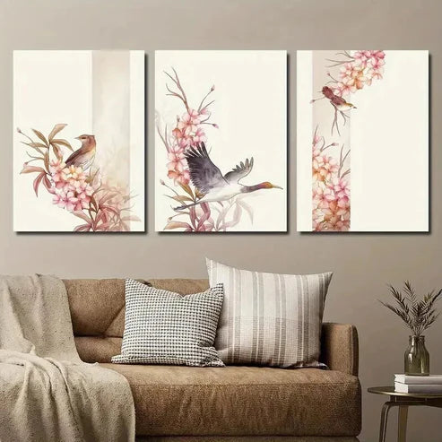 3pcs Bird and Botanical Flower Illustration Wall Art Set Canvas Unframed - High Quality Print 100% Australian Made Wall Canvas