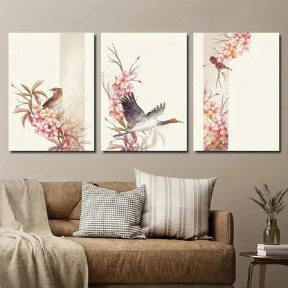3pcs Bird and Botanical Flower Illustration Wall Art Set Canvas Unframed - High Quality Print 100% Australian Made Wall Canvas