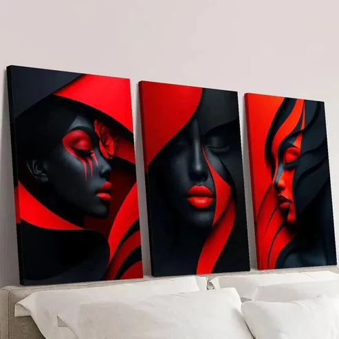 3pcs Geometric Black and Red Abstract Women Wall Art Canvas Unframed - High Quality Print 100% Australian Made Wall Canvas - Bella Home Decor
