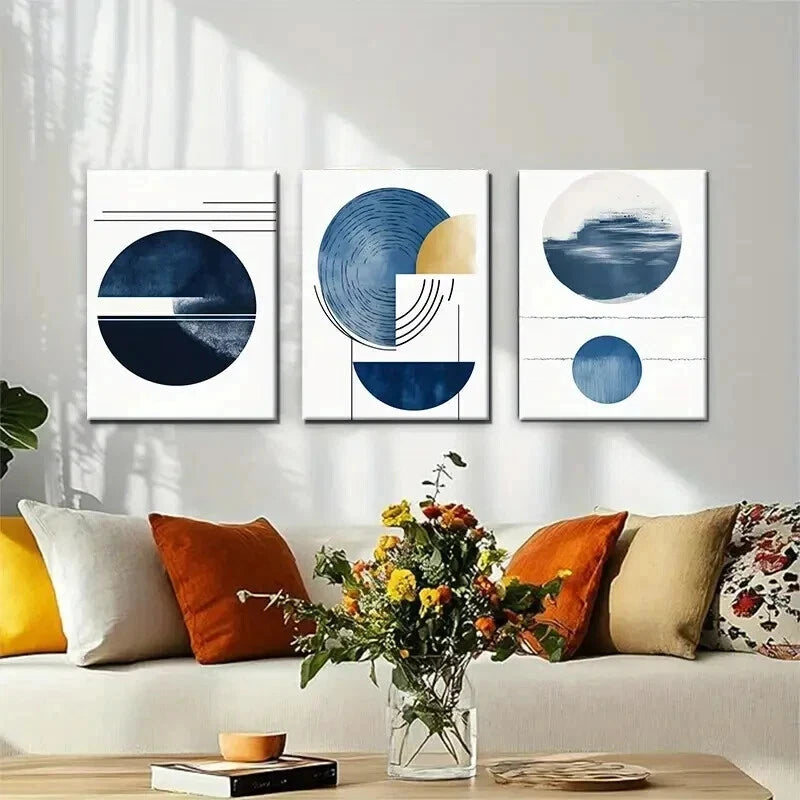 3pcs Modern Geometric Abstract Blue Perfect Wall Art Set Canvas Framed 50x70cm - High Quality Print 100% Australian Made Wall Canvas Ready to Hang