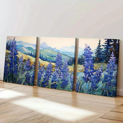 3pcs Mountains Violet Blooms in Nature Landscape Wall Art Set Canvas Framed 50x70cm - High Quality Print 100% Australian Made Wall Canvas Ready to Hang - Bella Home Decor