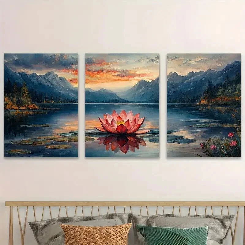 3pcs Lake And Mountains Décor Lotus Perfect Wall Art Set Canvas Framed 50x70cm - High Quality Print 100% Australian Made Wall Canvas Ready to Hang - Bella Home Decor
