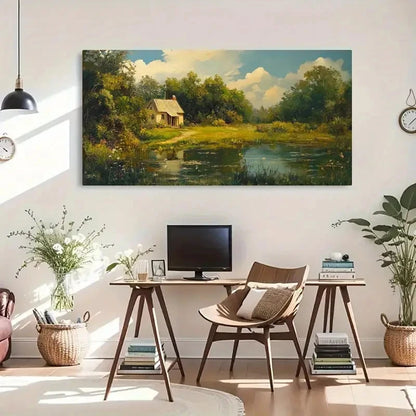 Countryside Pond Scene Décor Wall Art Canvas Office Home Room Framed 120x60cm - Bella Home Decor