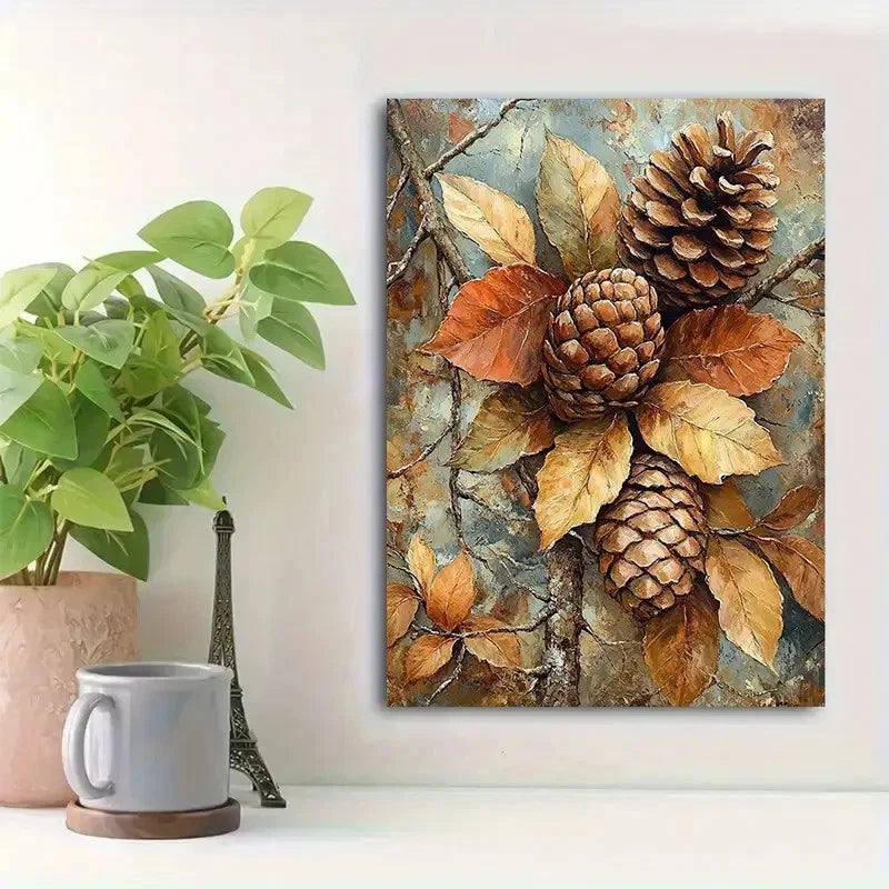 Beautiful Pinecones & Autumn Leaves Painting 40x60cm Metal Print Ready to Hang