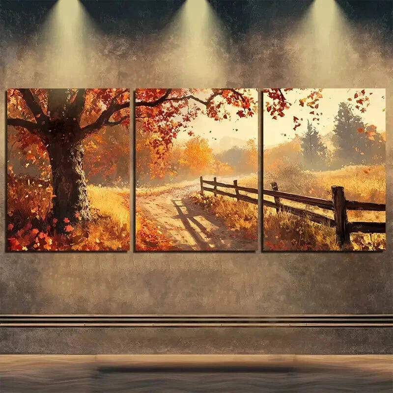 3pcs Autumn Tree & Golden Leaves Shine Perfect Wall Art Set Canvas Framed 50x70cm - High Quality Print 100% Australian Made Wall Canvas Ready to Hang