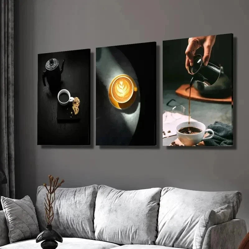 3pcs Black Coffee & Cake Espresso Perfect Wall Art Set Canvas Framed 40x60cm - High Quality Print 100% Australian Made Wall Canvas Ready to Hang - Bella Home Decor