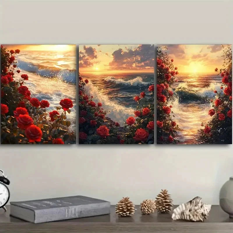3pcs Sunset Seascape with Red Roses Wall Art Set Canvas Framed 40x60cm - High Quality Print 100% Australian Made Wall Canvas Ready to Hang