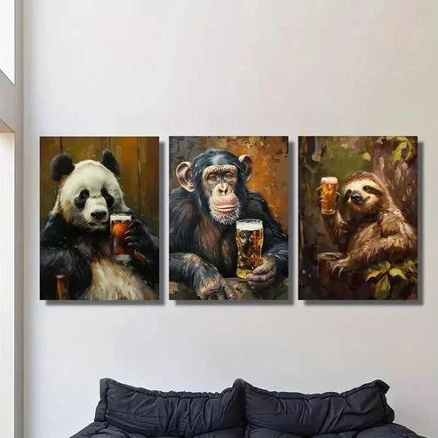 3pcs Cute Wild Animal Drinking Beer Wall Art Set Canvas Unframed - High Quality Print 100% Australian Made Wall Canvas