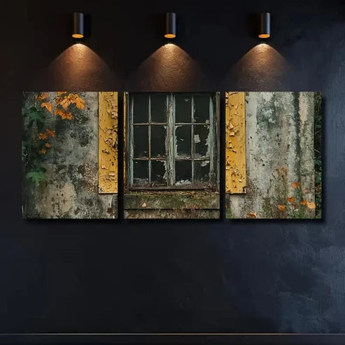 3pcs Vintage Window & Autumn Leaves Wall Art Set Canvas Unframed - High Quality Print 100% Australian Made Wall Canvas