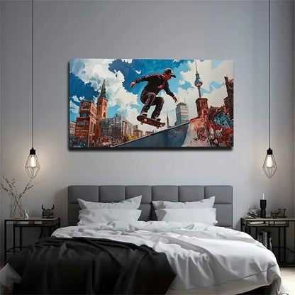 Skateboarder Blue Sky Aesthetic Wall Art Canvas Office Home Room Framed 120x60cm