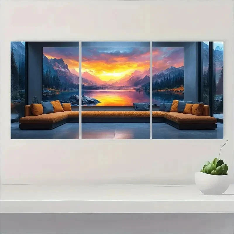 3pcs Modern Mountain Sunset F  Wall Art Set Canvas Framed 40x60cm - High Quality Print 100% Australian Made Wall Canvas Ready to Hang
