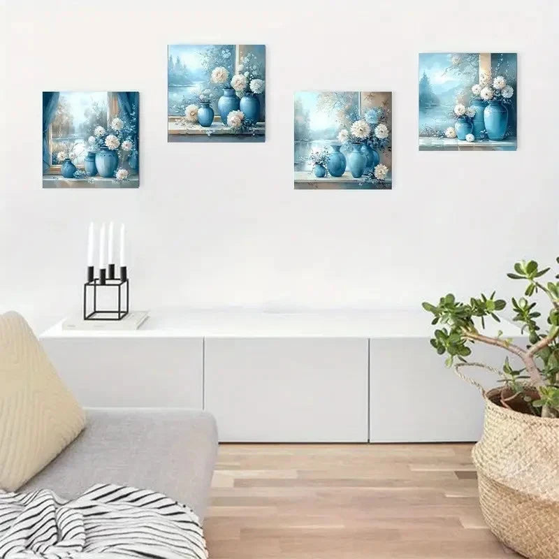 4pcs Blue & White Flower Vase Prints Wall Art Canvas Framed