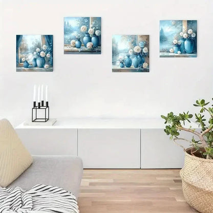 4pcs Blue & White Flower Vase Prints Wall Art Canvas Framed