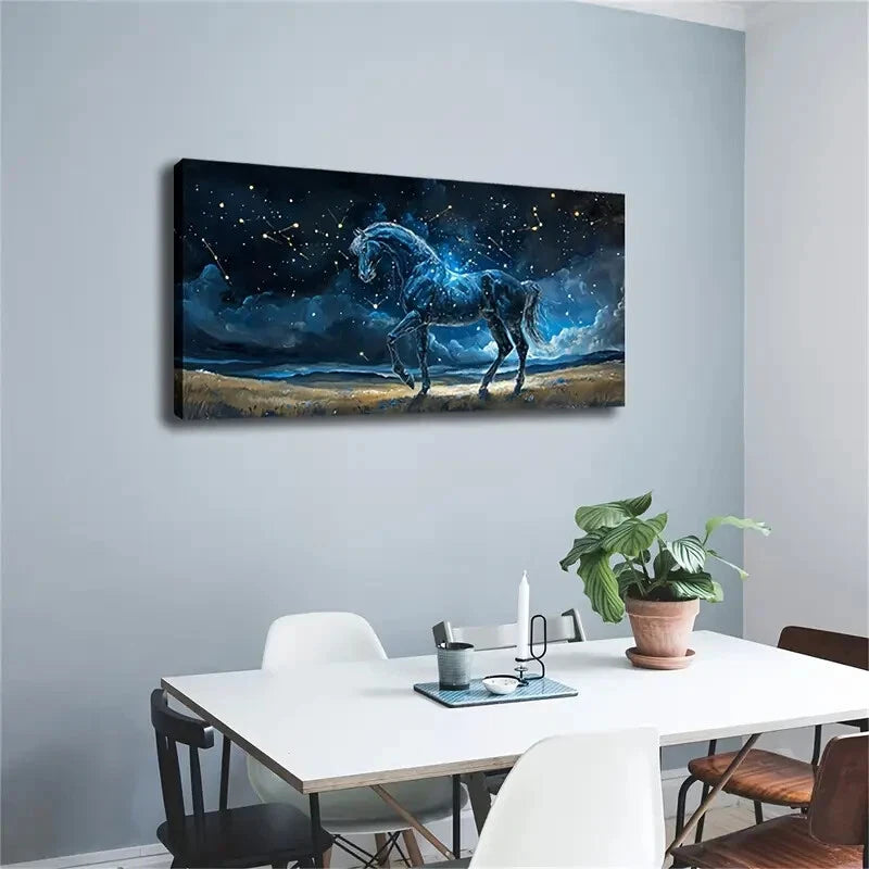 Majestic Black Horse in Starry Wall Art Canvas Office Home Room Framed 120x60cm - Bella Home Decor