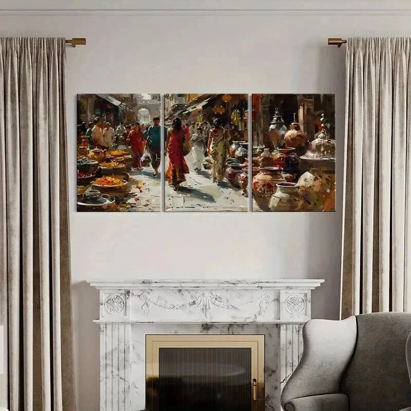 3pcs Indian Market Colorful Pottery Wall Art Set Canvas Framed 50x70cm - High Quality Print 100% Australian Made Wall Canvas Ready to Hang - Bella Home Decor