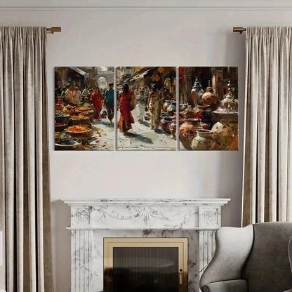 3pcs Indian Market Colorful Pottery Wall Art Set Canvas Framed 50x70cm - High Quality Print 100% Australian Made Wall Canvas Ready to Hang - Bella Home Decor