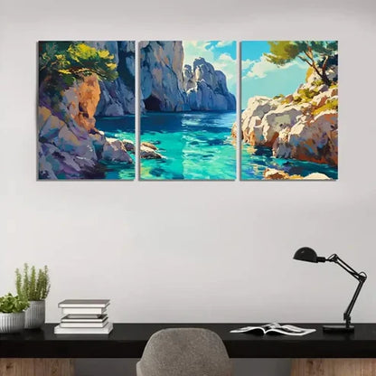 3pcs Vibrant Coastal With Blue Seas & Rocks Wall Art Set Canvas Unframed - High Quality Print 100% Australian Made Wall Canvas