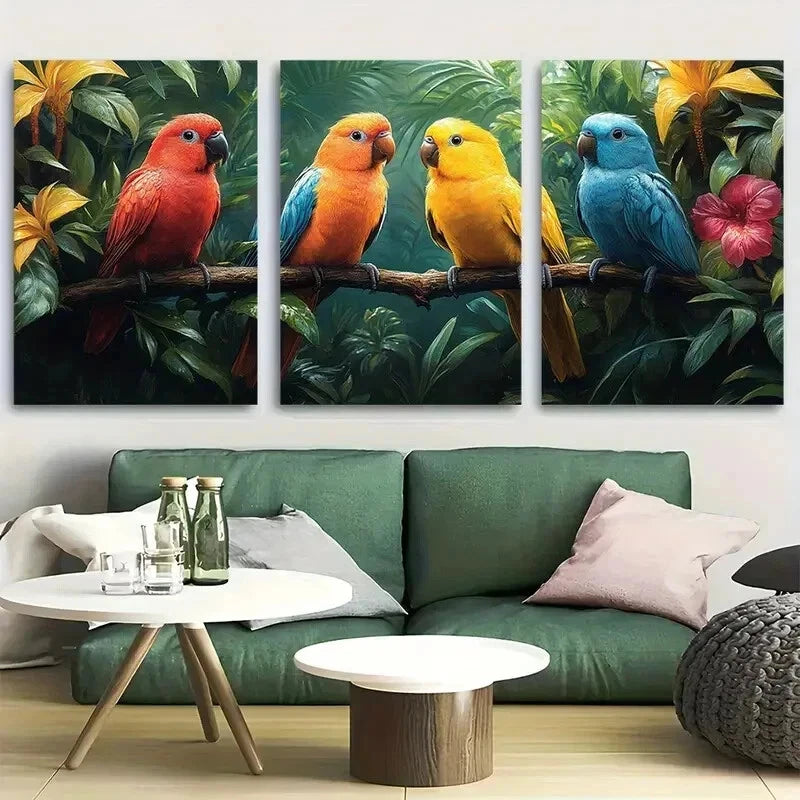 3pcs Vibrant Tropical Birds in Jungle Wall Art Set Canvas Framed 60x90cm - High Quality Print 100% Australian Made Wall Canvas Ready to Hang - Bella Home Decor