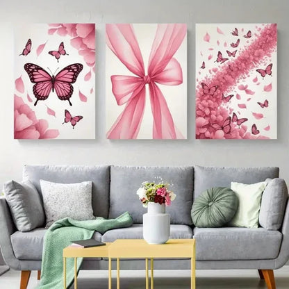 3pcs Pink Butterflies, Pink Bow Canvas Wall Art Canvas Unframed - High Quality Print 100% Australian Made Wall Canvas