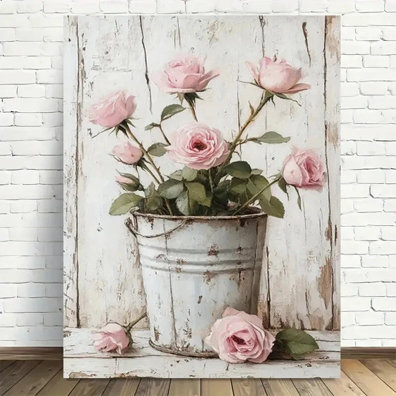 Beautiful Rustic Pink Roses In Metal Bucket Painting 40x60cm Metal Print Ready to Hang - Bella Home Decor