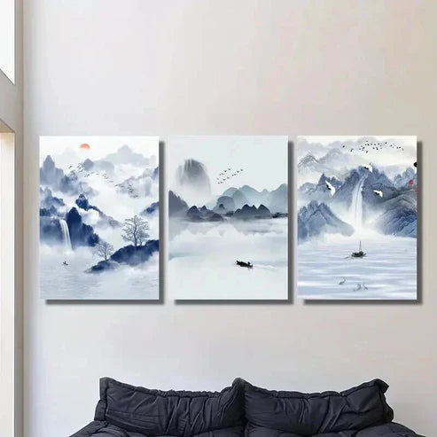 3pcs Sky Blue Boat Water & Mountain Landscape Wall Art Canvas Unframed - High Quality Print 100% Australian Made Wall Canvas