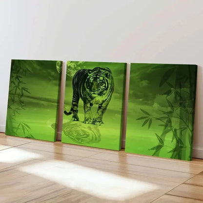 3pcs Vibrant Green Tiger screened Design Wall Art Set Canvas Framed 50x70cm - High Quality Print 100% Australian Made Wall Canvas Ready to Hang