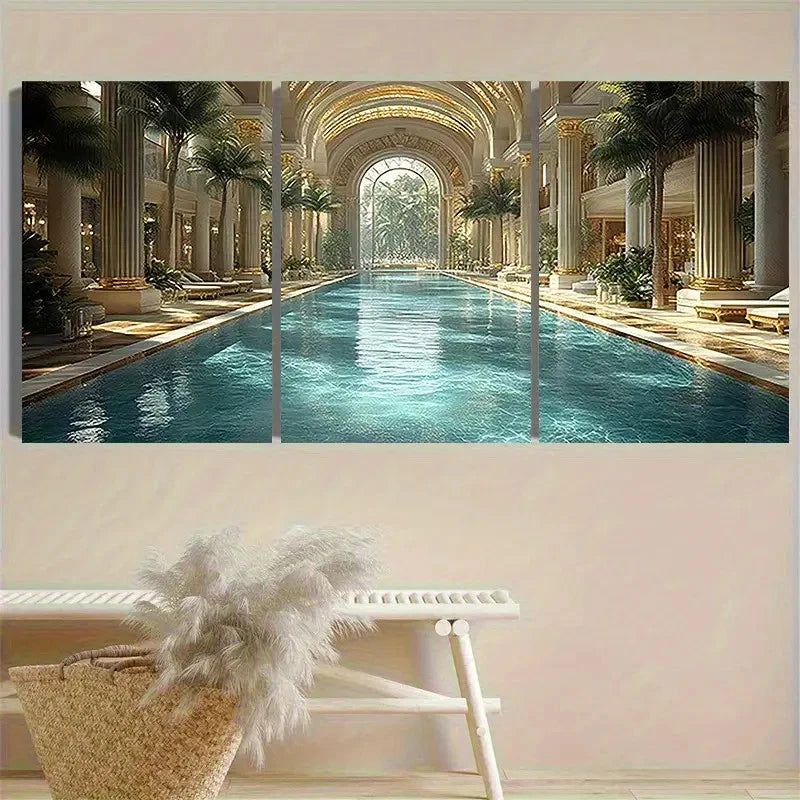 3pcs Luxury Indoor Pool Vintage Wall Art Set Canvas Framed 50x70cm - High Quality Print 100% Australian Made Wall Canvas Ready to Hang