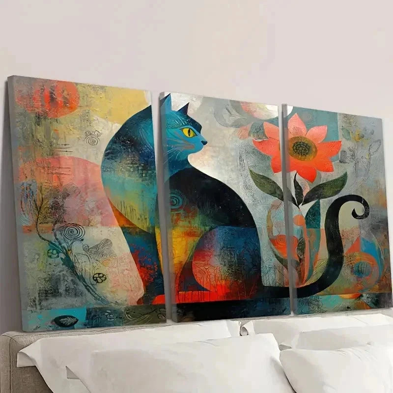 3pcs Abstract Cat Flower Wall Art Set Canvas Framed 50x70cm - High Quality Print 100% Australian Made Wall Canvas Ready to Hang - Bella Home Decor