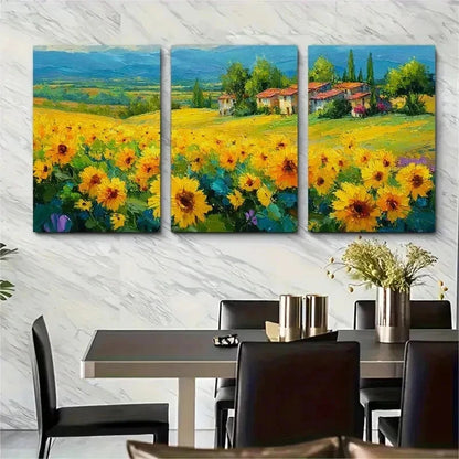 3pcs Vibrant Yellow Flowers Rustic House Perfect Wall Art Set Canvas Framed 50x70cm - High Quality Print 100% Australian Made Wall Canvas Ready to Hang