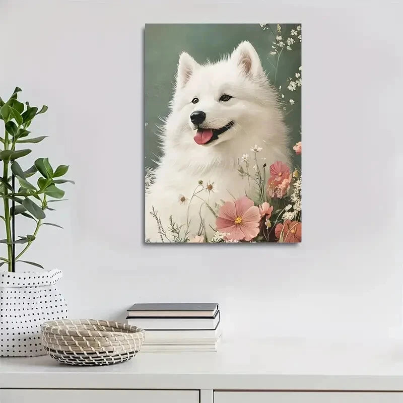 Cute Samoyed Dog with Flowers & Plants Painting 40x60cm Metal Print Ready to Hang - Bella Home Decor