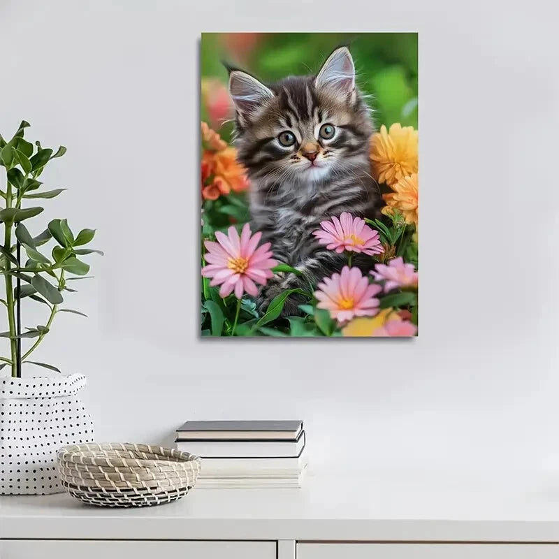 Cute Maine Coon Kitten with Flowers Painting 40x60cm Metal Print Ready to Hang - Bella Home Decor