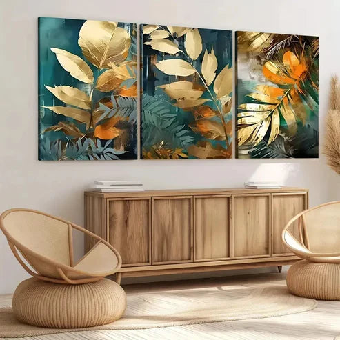 3pcs Modern Art Natural Plant Leaf Golden Leaves Wall Art Set Canvas Unframed - High Quality Print 100% Australian Made Wall Canvas