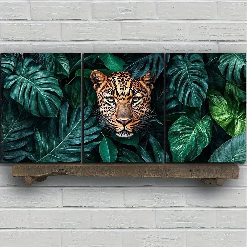 3pcs Leopard Lush Green Leaves Animal Themed Metal Print Ready to Hang Art - Bella Home Decor